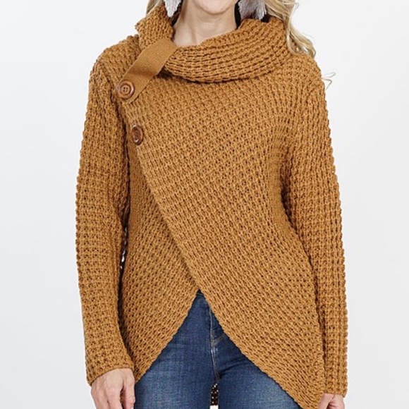 Sweaters - Coffee Cowl Neck Knit Button Sweater Top
